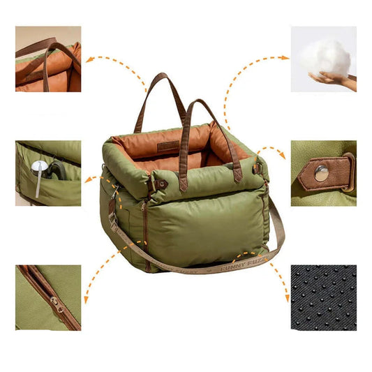 Gros plan d’un panier de voiture pour chien vert avec poignées solides, rembourrage épais et tissu imperméable.
