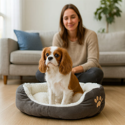 chien assis dans un panier petit chien gris à côté de sa maîtresse souriante dans le salon