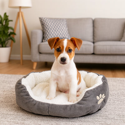 petit chien blanc et marron assis dans un panier petit chien gris moelleux