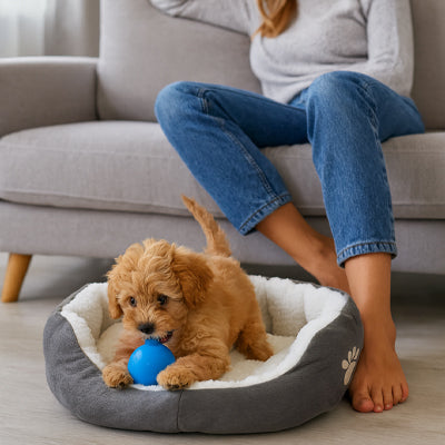 chiot marron jouant avec une balle bleue dans un panier petit chien gris avec coussin blanc moelleux