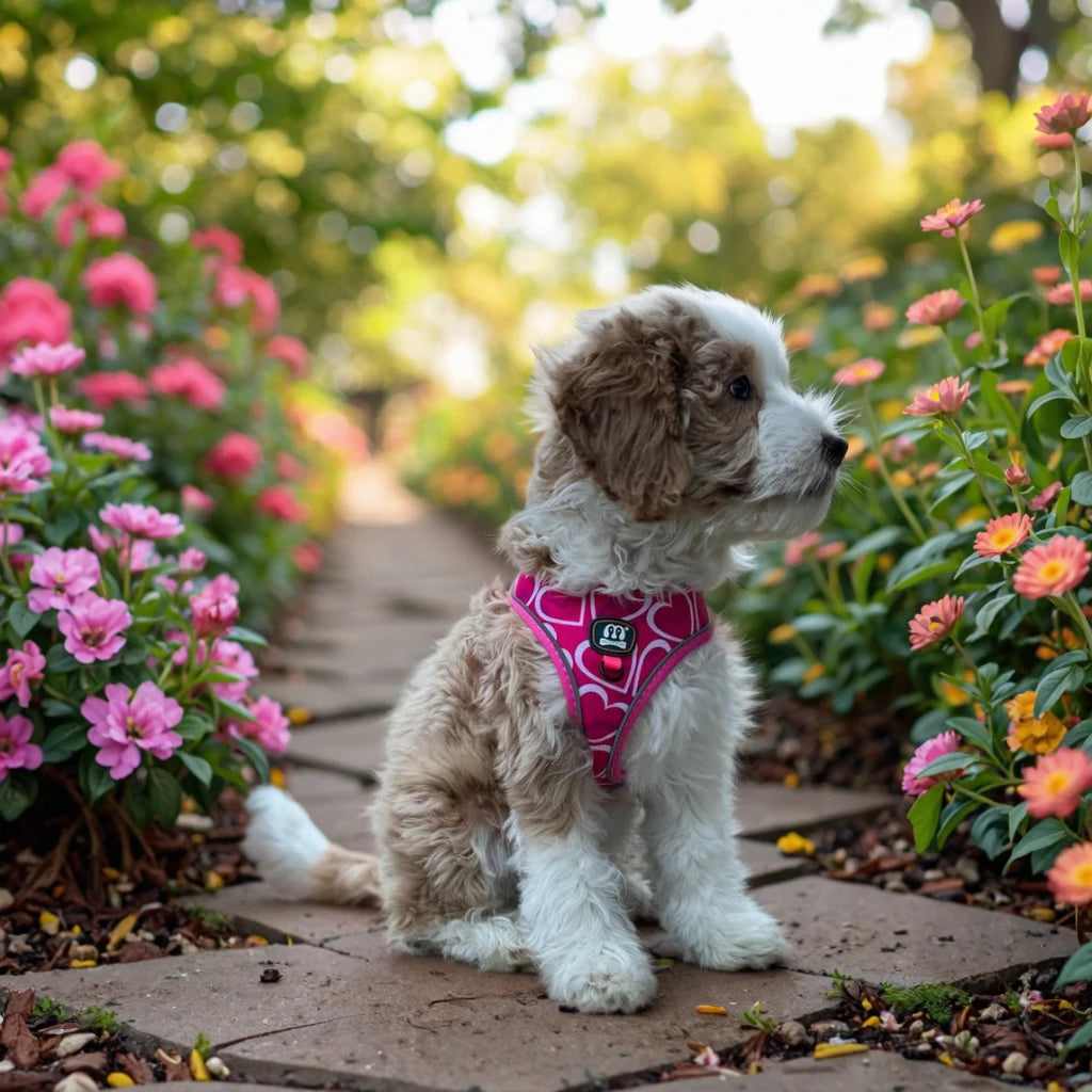 petit chien portant un harnais avec laisse rose pour chien dans un jardin fleuri