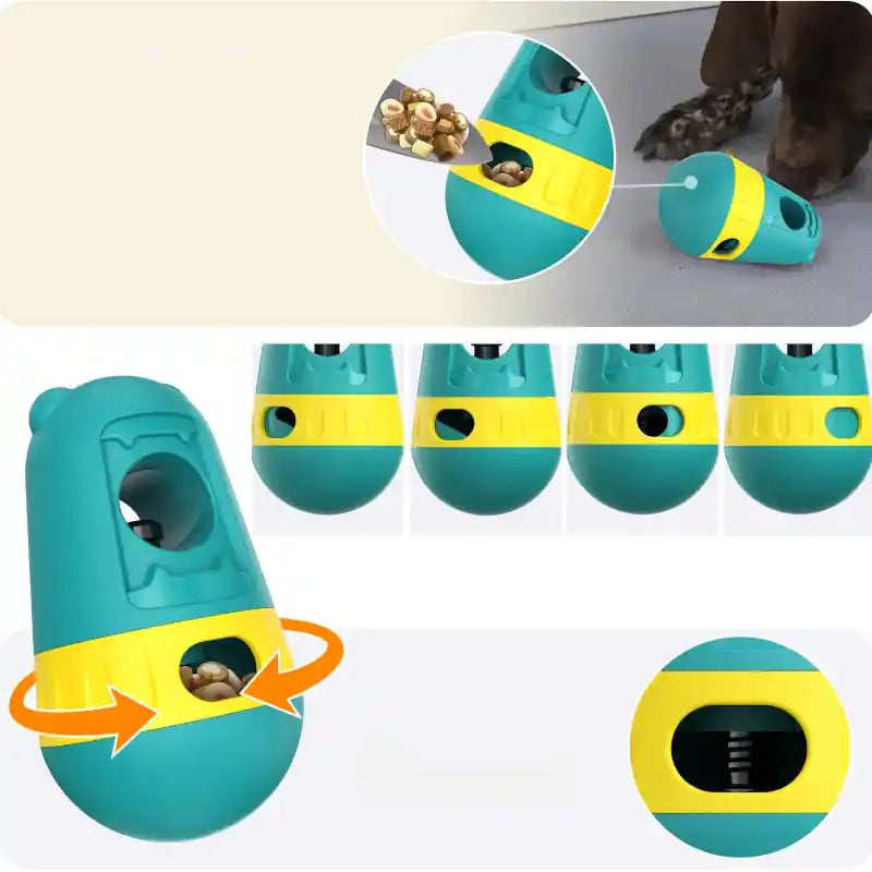 Vignette qui explique comment remplir le distributeur de friandises. Un chien qui renifle le distributeur de friandises à côté. 