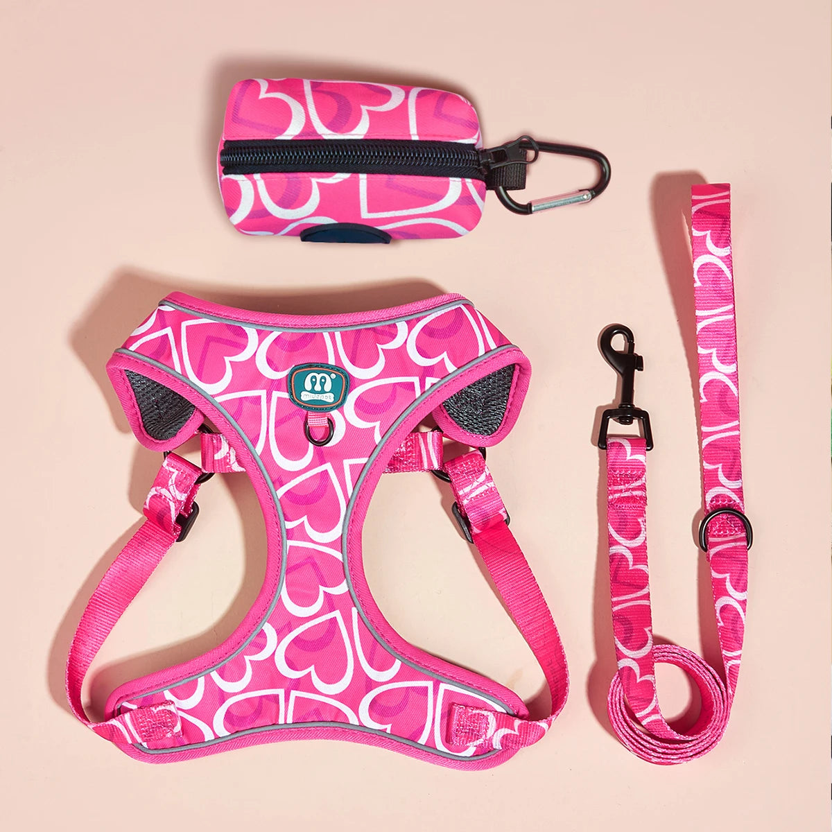 ensemble complet harnais avec laisse rose pour chien et sac à déjections assorti