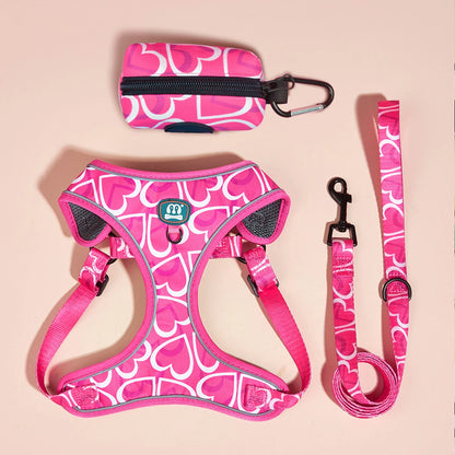 ensemble complet harnais avec laisse rose pour chien et sac à déjections assorti