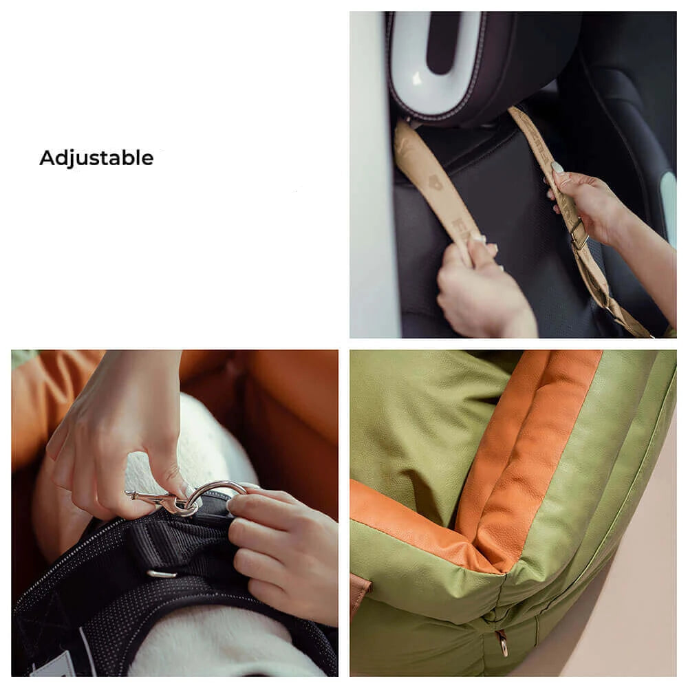 Gros plan sur les sangles ajustables servant à fixer le siège auto pour chien à la banquette arrière.