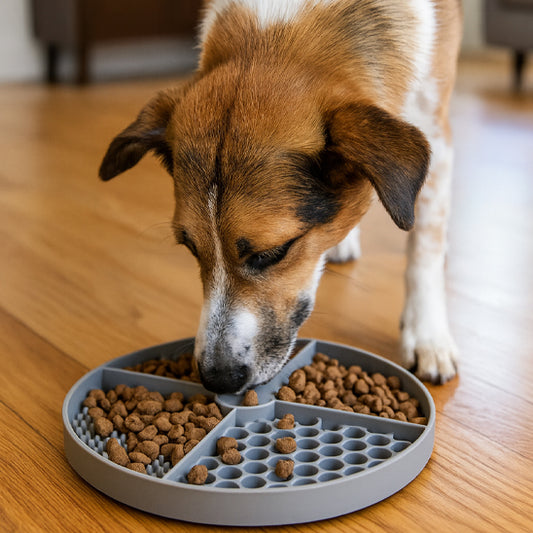 chien marron en train de manger sur un tapis de léchage chien gris