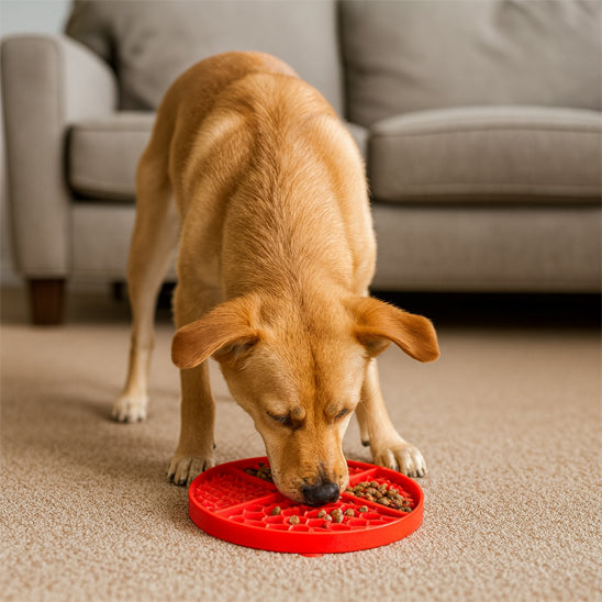 chien doré debout léchant un tapis de léchage chien rouge dans le salon