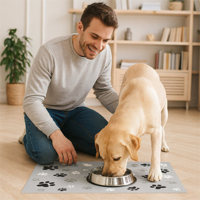 maître donnant à manger à son chien sur un tapis gamelle pour chien gris antidérapant