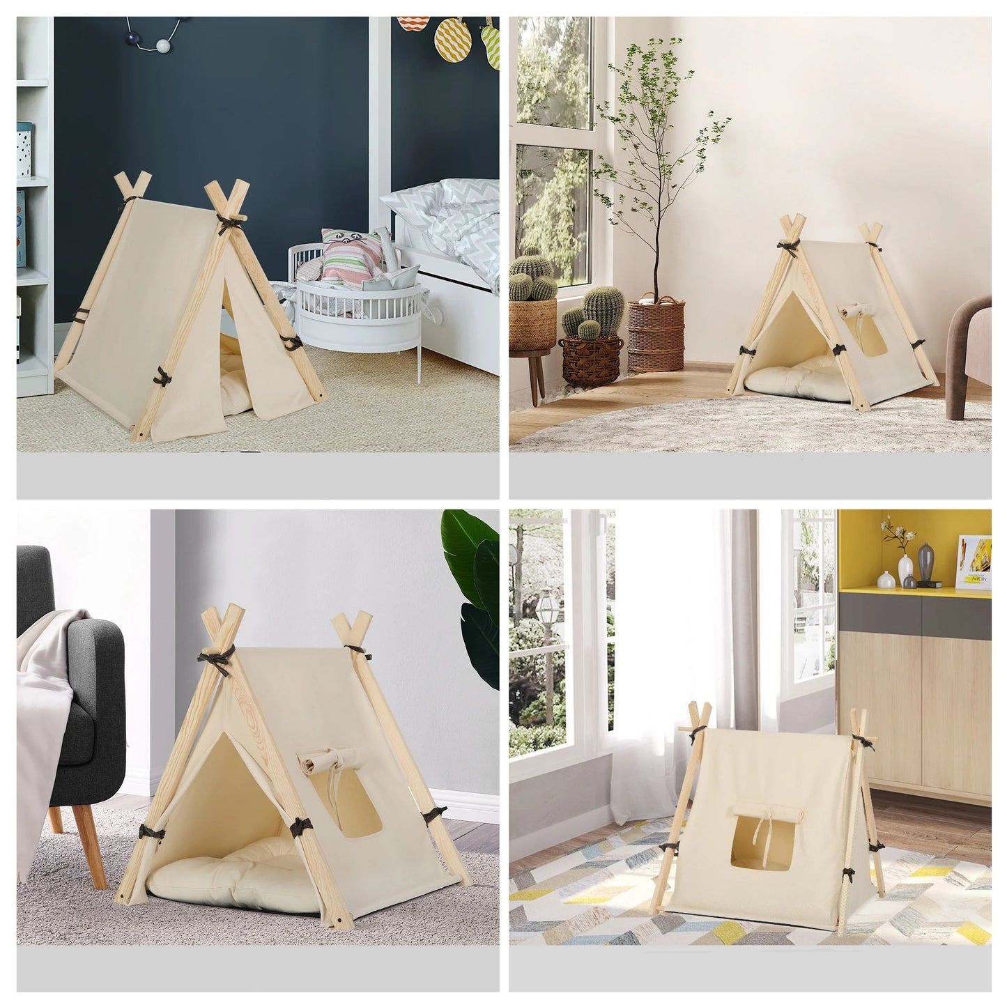 Niche pour chien tipi installée dans salon, chambre, balcon ou près d'une fenêtre