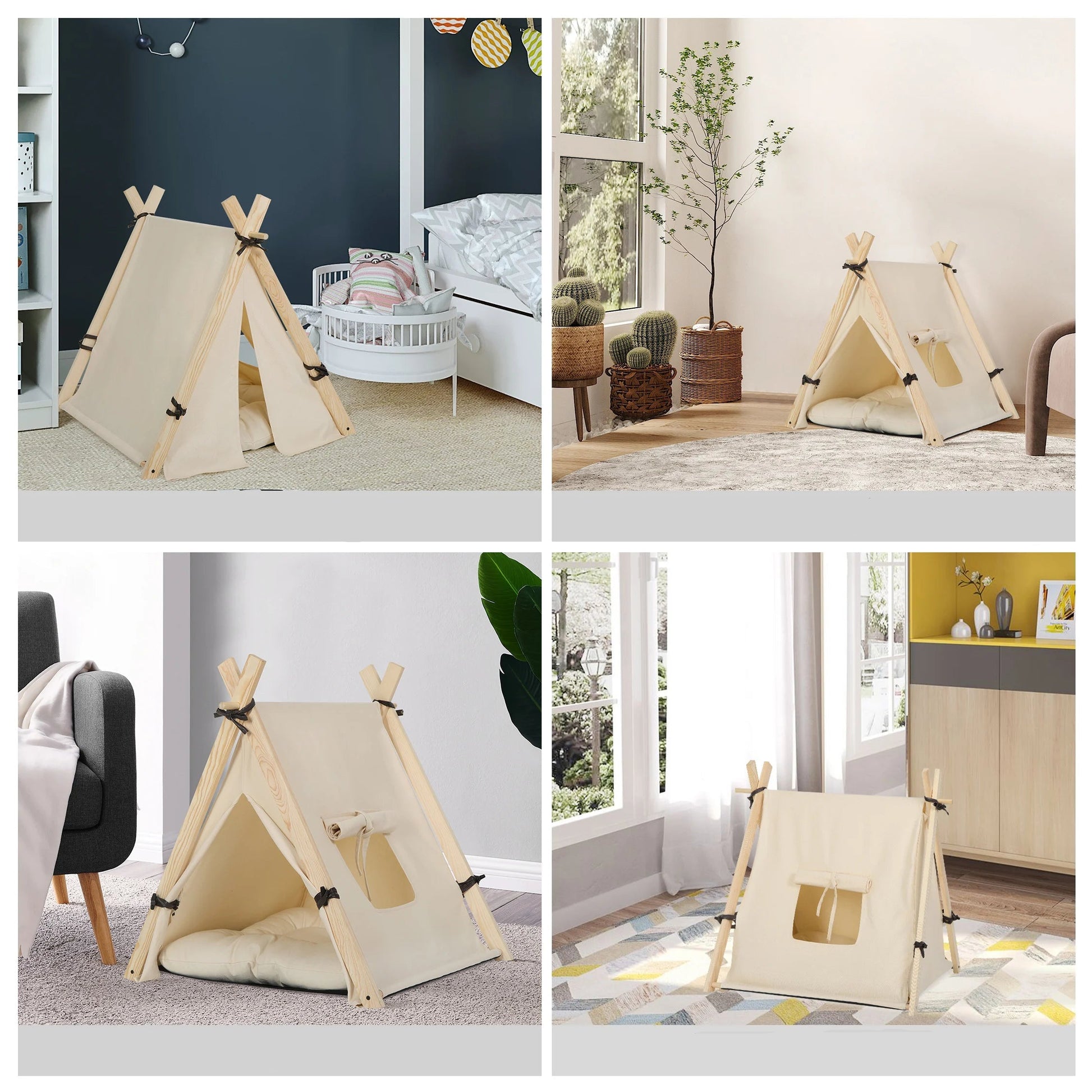 Niche pour chien tipi installée dans salon, chambre, balcon ou près d'une fenêtre