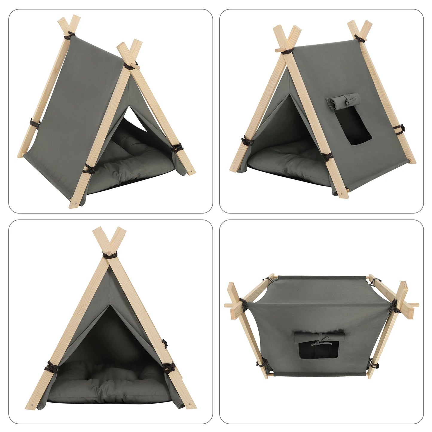 Différentes vues de la niche tipi pour chien – modèle gris avec coussin
