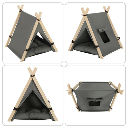 Différentes vues de la niche tipi pour chien – modèle gris avec coussin